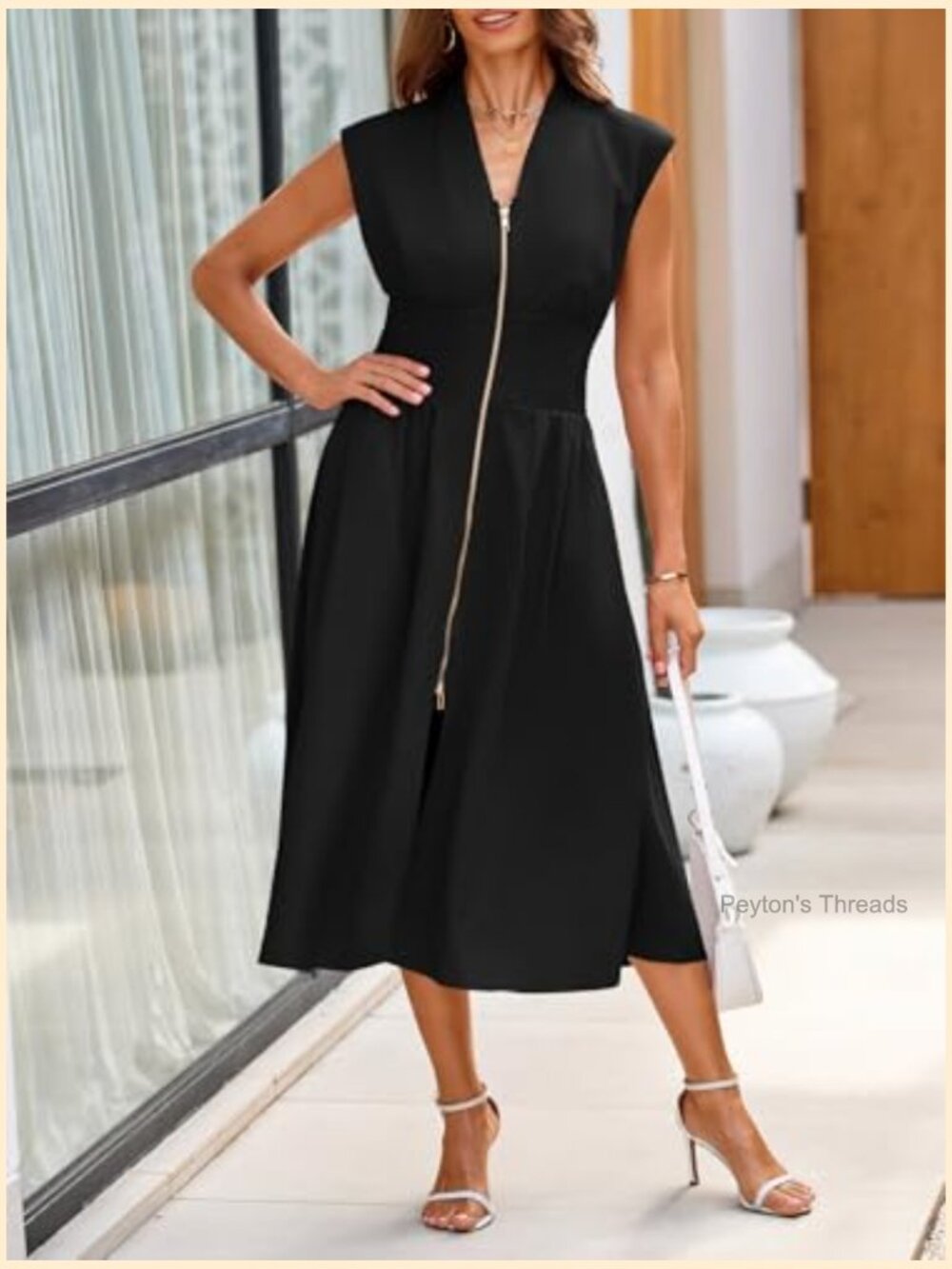 Smocked Midi Dress V Neck Cap Sleeve High Slit Flowy Casual Zipper Dress - Picture 2 of 7